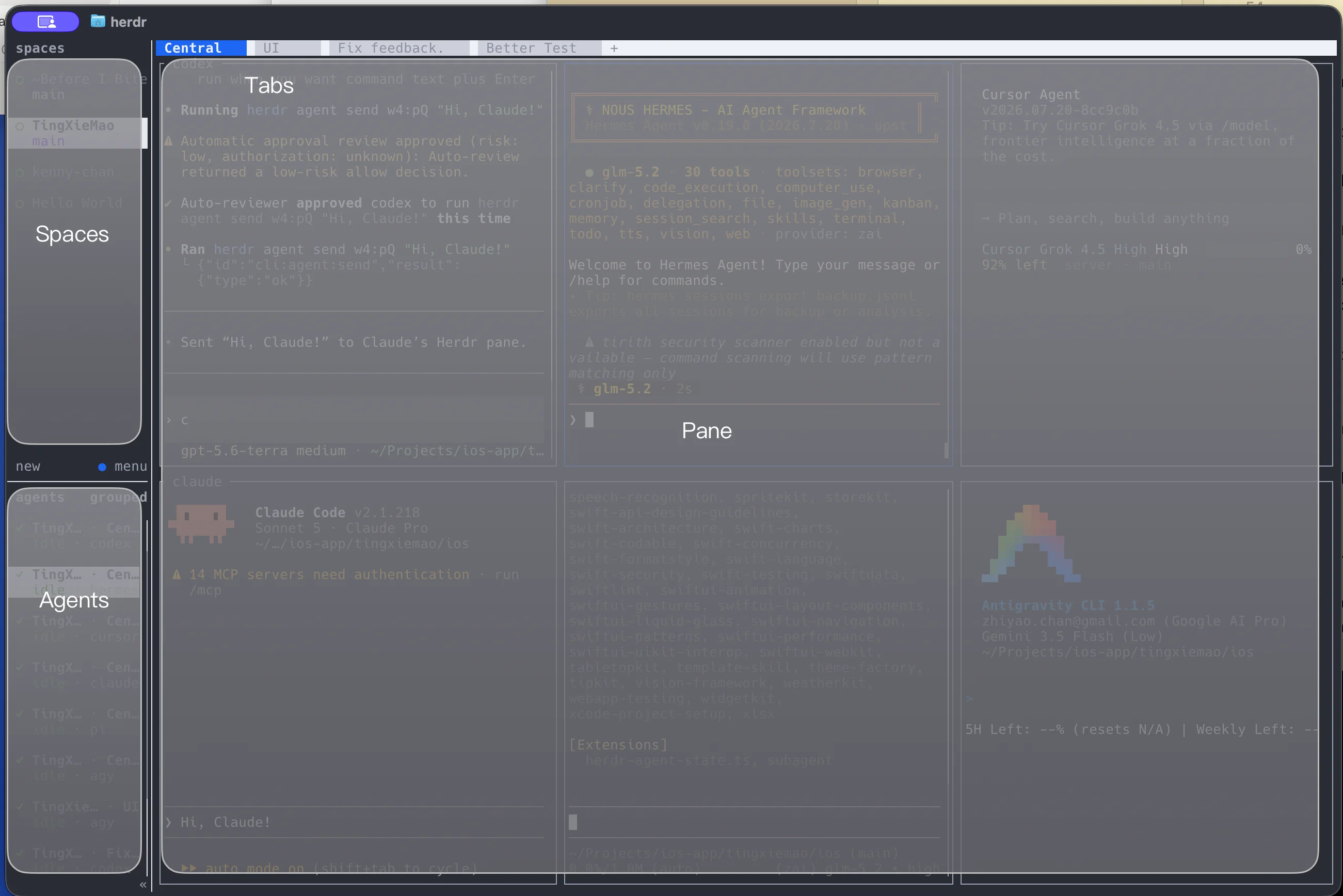 A herdr workspace with multiple agent panes, tabs, and a sidebar for spaces and agents.