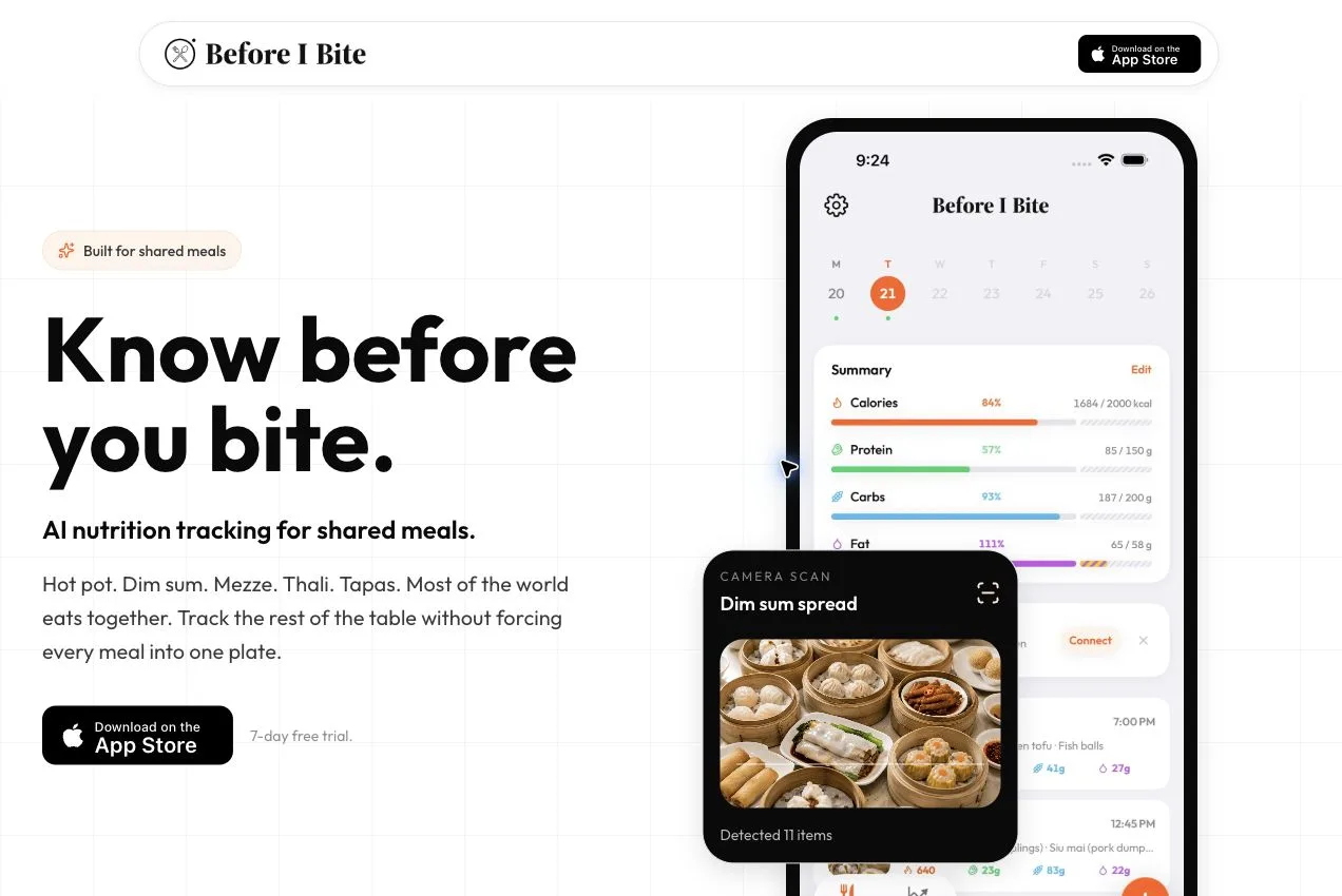 Before I Bite landing page with a nutrition dashboard and a camera scan of a shared dim sum meal.