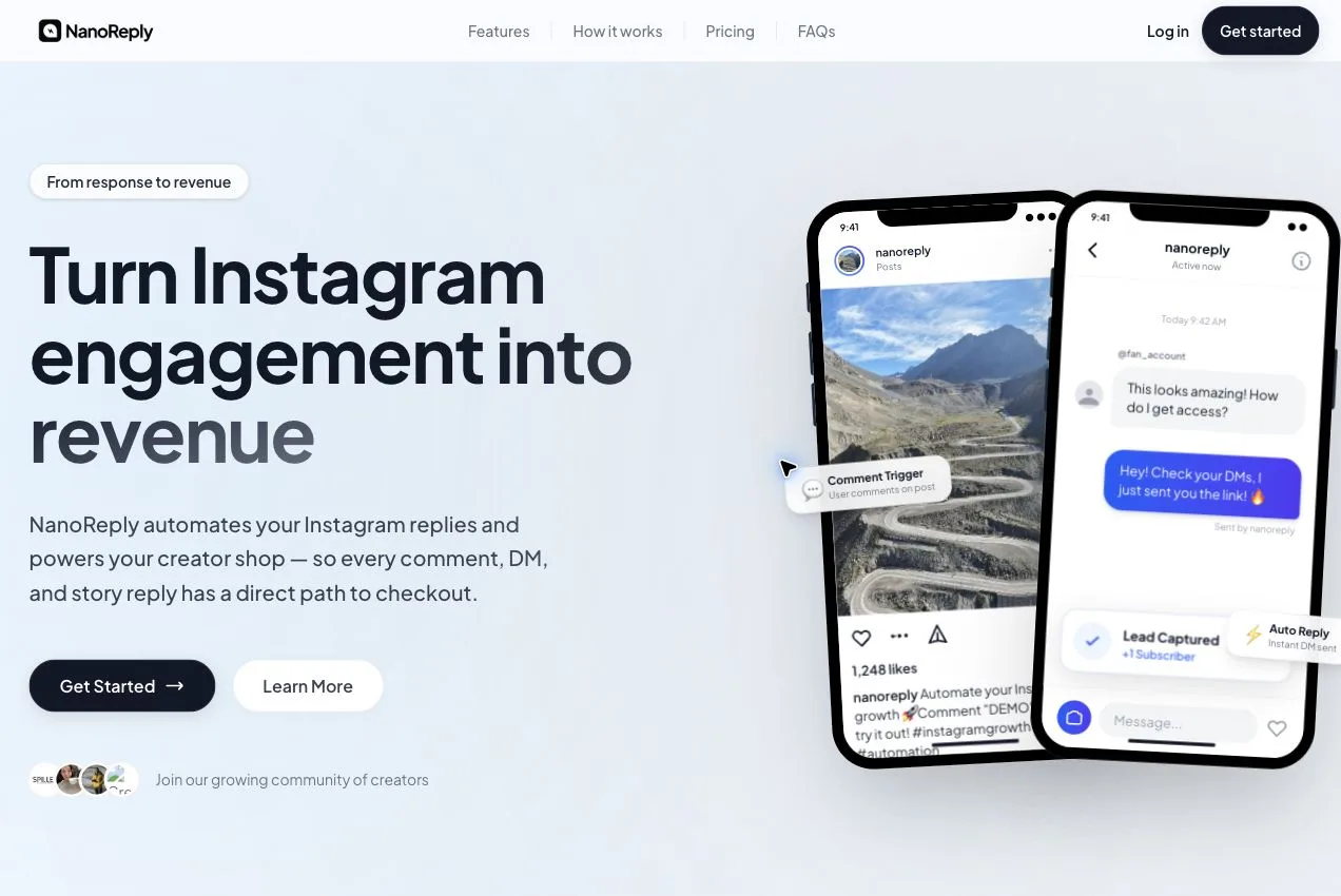 NanoReply landing page showing an Instagram comment becoming an automated direct message.