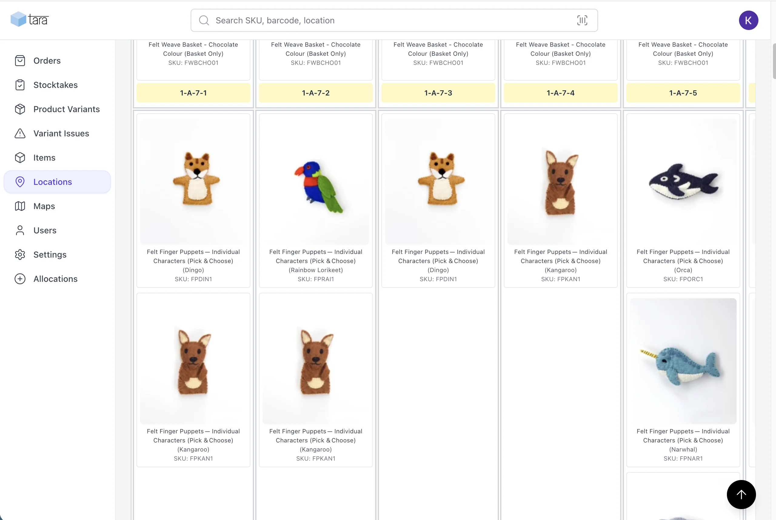 Tara Inventory showing felt products organized by precise warehouse locations.
