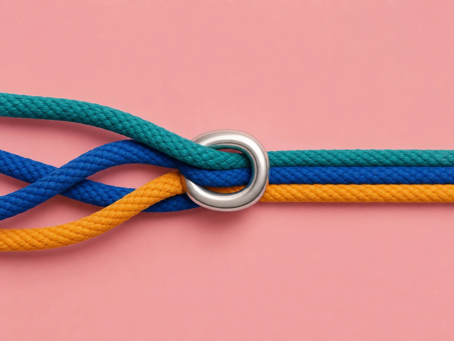 Teal, blue, and yellow braided cords passing through a polished metal loop.